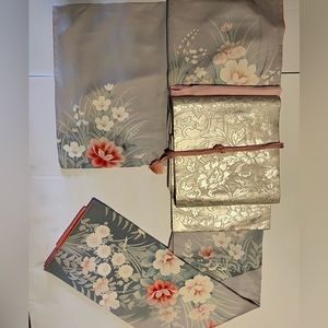 Silk flower paint kimono with obi/Obiage/Obijime set